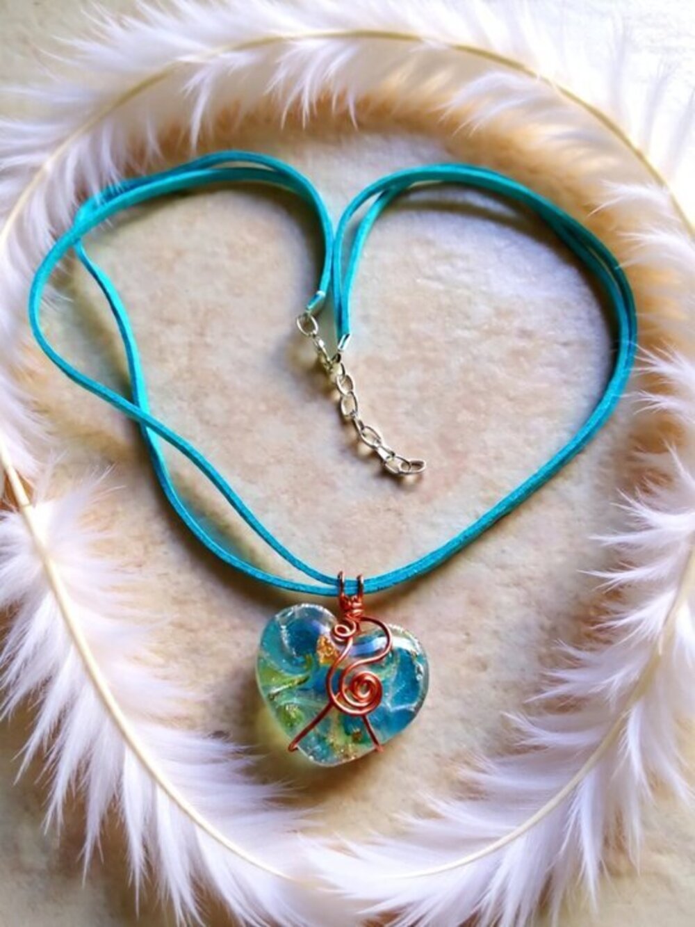 Playful Vibrant Lovers [or Mom's] Gift - Wire Wrapped Fused Glass Heart Necklace